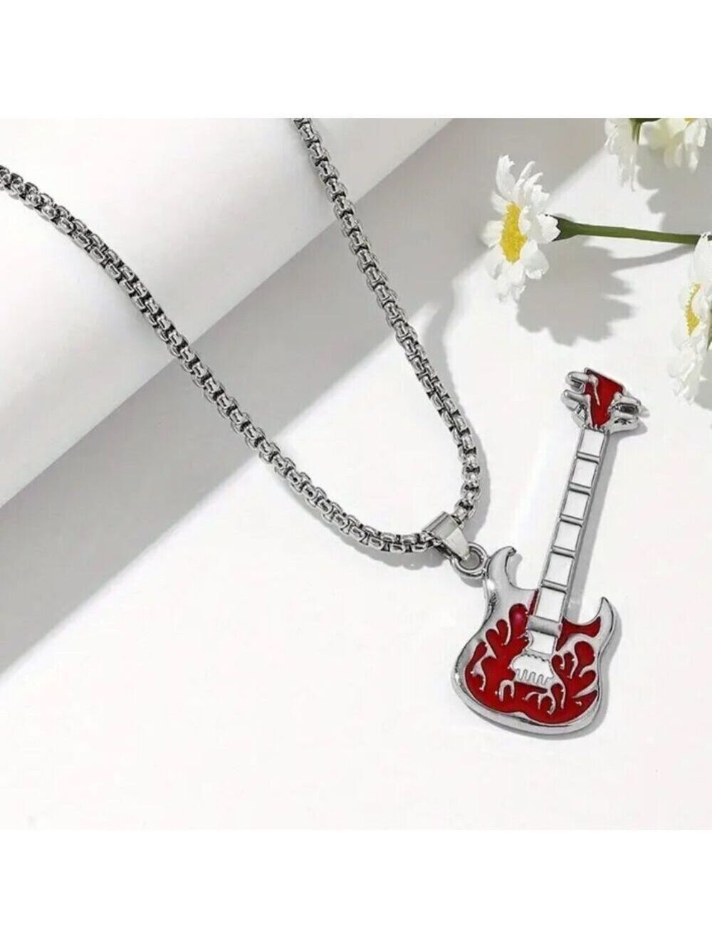 Emerald Green Flaming Guitar with White Neck Rocker Necklace and Pendant 1559 - Picture 14 of 16